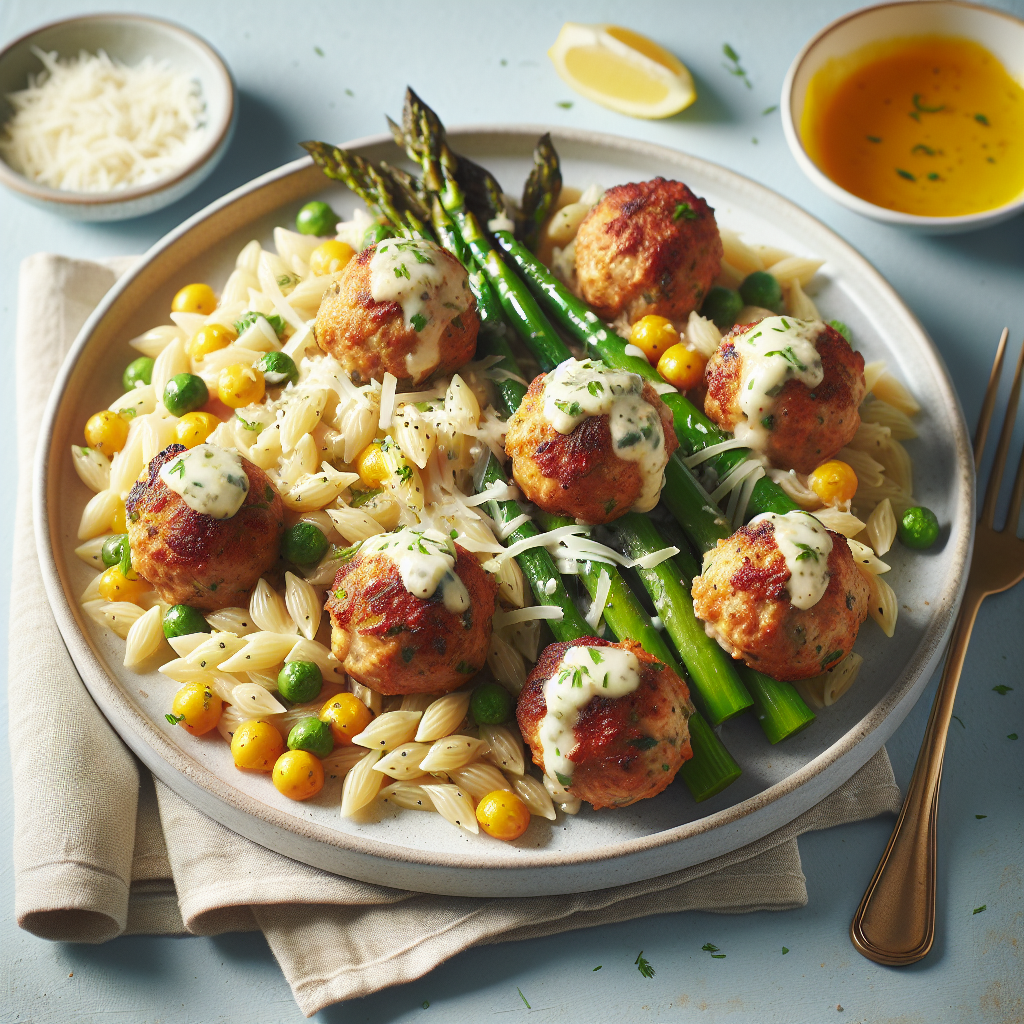 Lemony Boursin Chicken Meatballs with Cheesy Asparagus Orzo