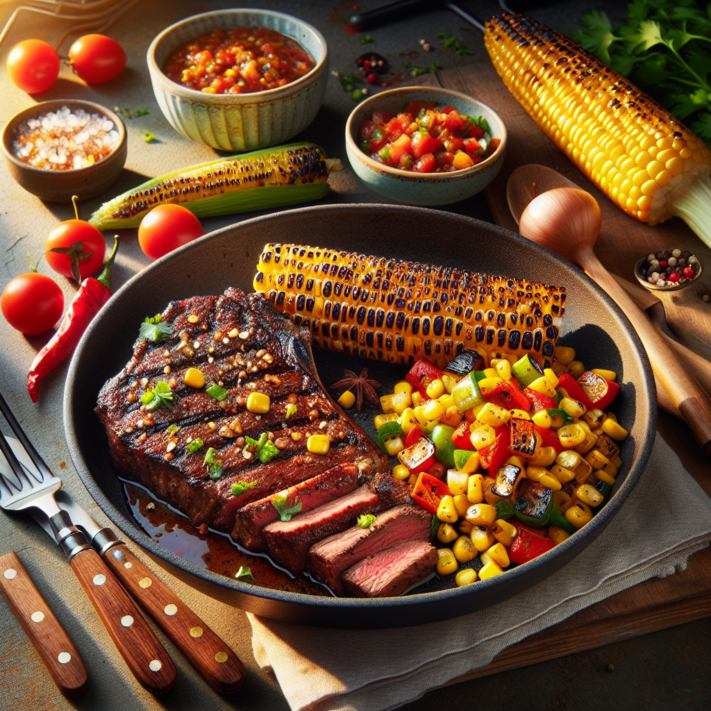 Dry Rubbed Skirt Steak with Charred Corn and Pepper Salsa